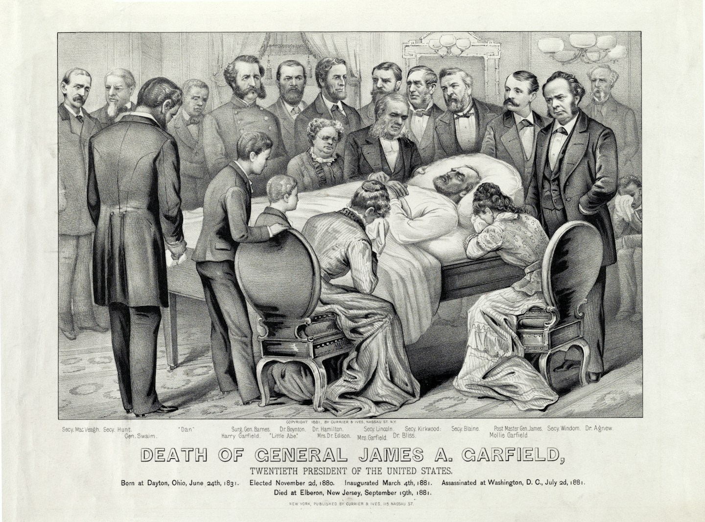 A scene of mourners at the deathbed of President James Garfield.