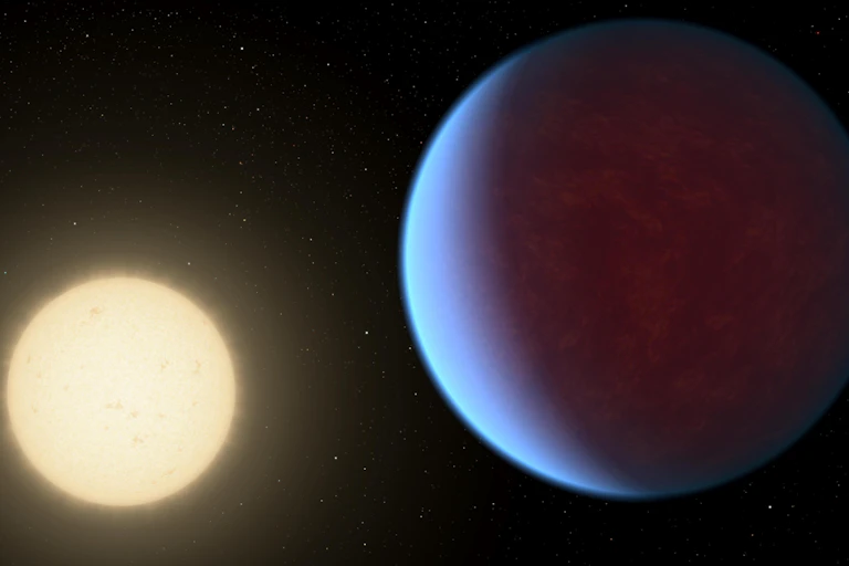 An illustration of an exoplanet with a blue-ish sheen near a bright star.