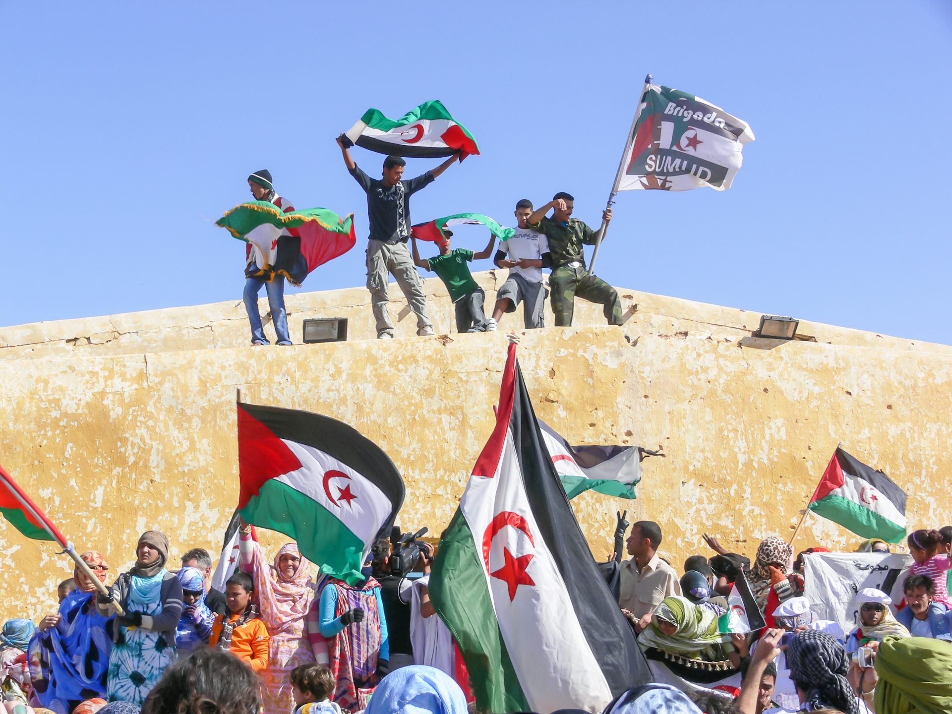 Personas con banderas se manidiestan.
