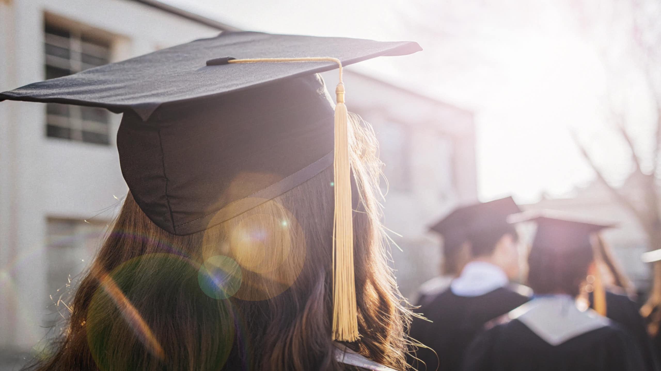 Graduate in moartarboard viewed from back