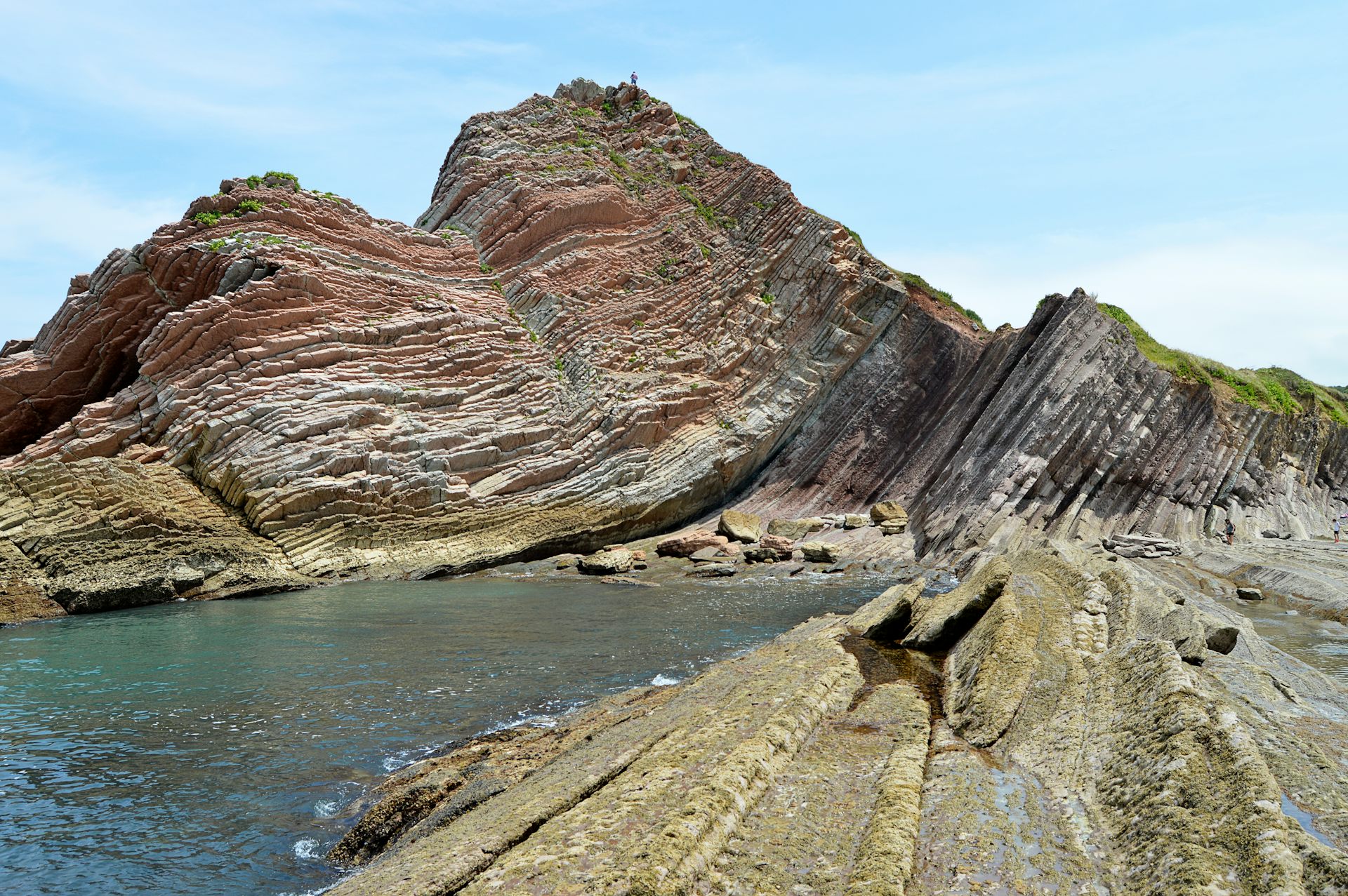 Formaciones rocosas donde se pueden ver estratos a la orilla del mar.