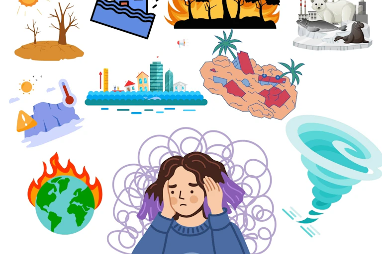graphic of young woman, purple wiggly lines around her head, graphic images of extreme weather on white background