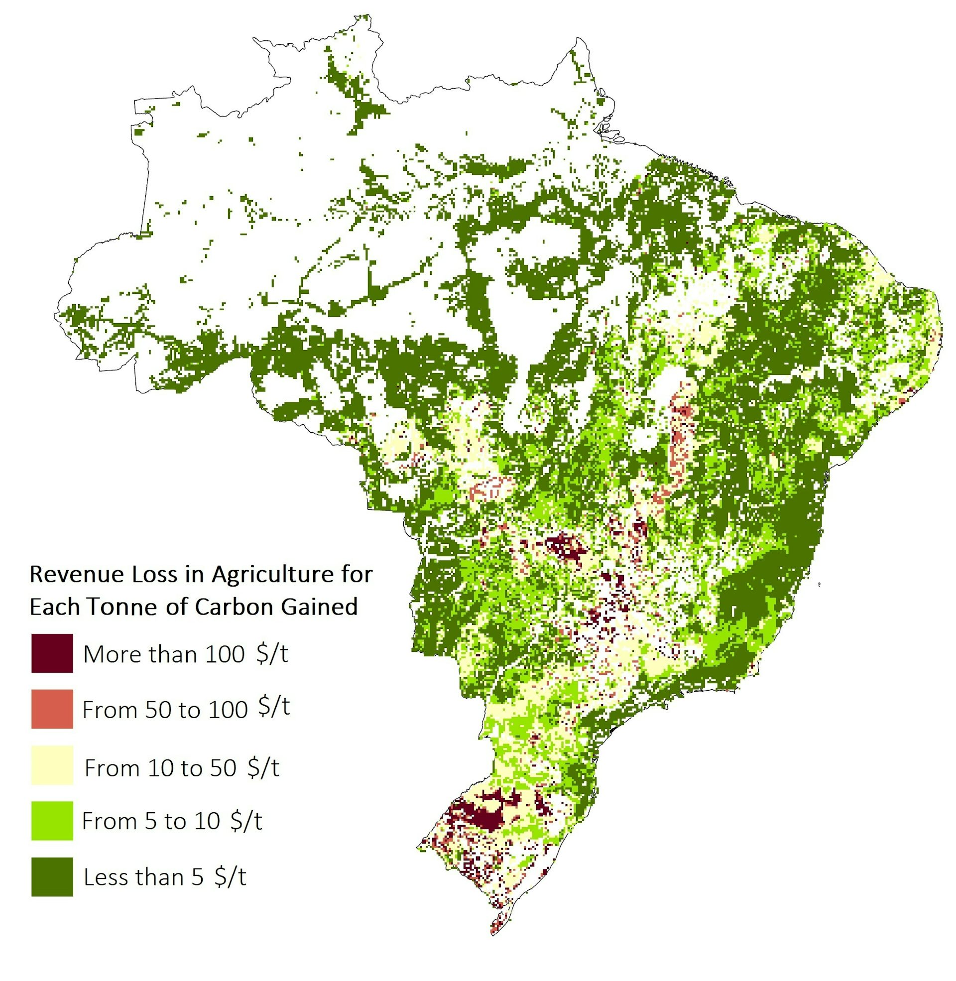 The map of Brazil shows the losses in agricultural income per ton of carbon produced.