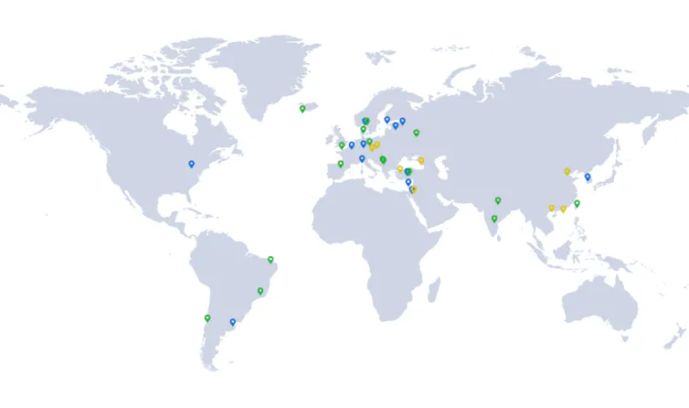 Image of a world map shows green, blue and yellow markers at the locations of participating labs.