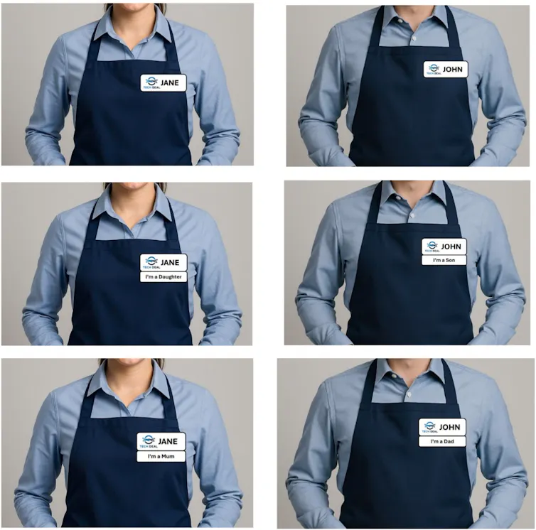 6 images showing different badges on male and female supermarket workers.