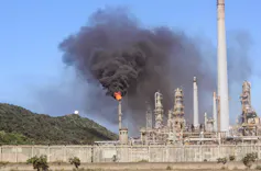 An oil refinery with flames coming out of a tower and clouds of black smoke filling the sky