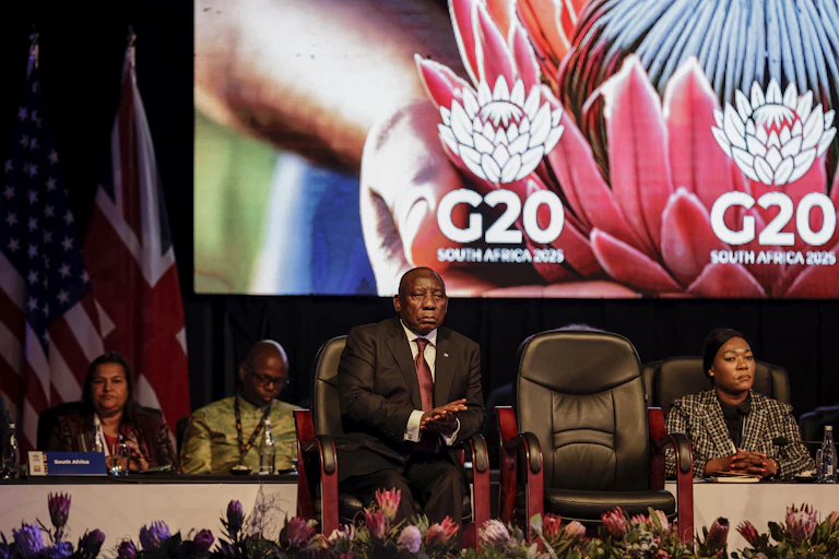 South African President Cyril Ramaphosa at the G20 Foreign Minister Meeting at the Nasrec Expo Centre in Johannesburg on February 20, 2025.