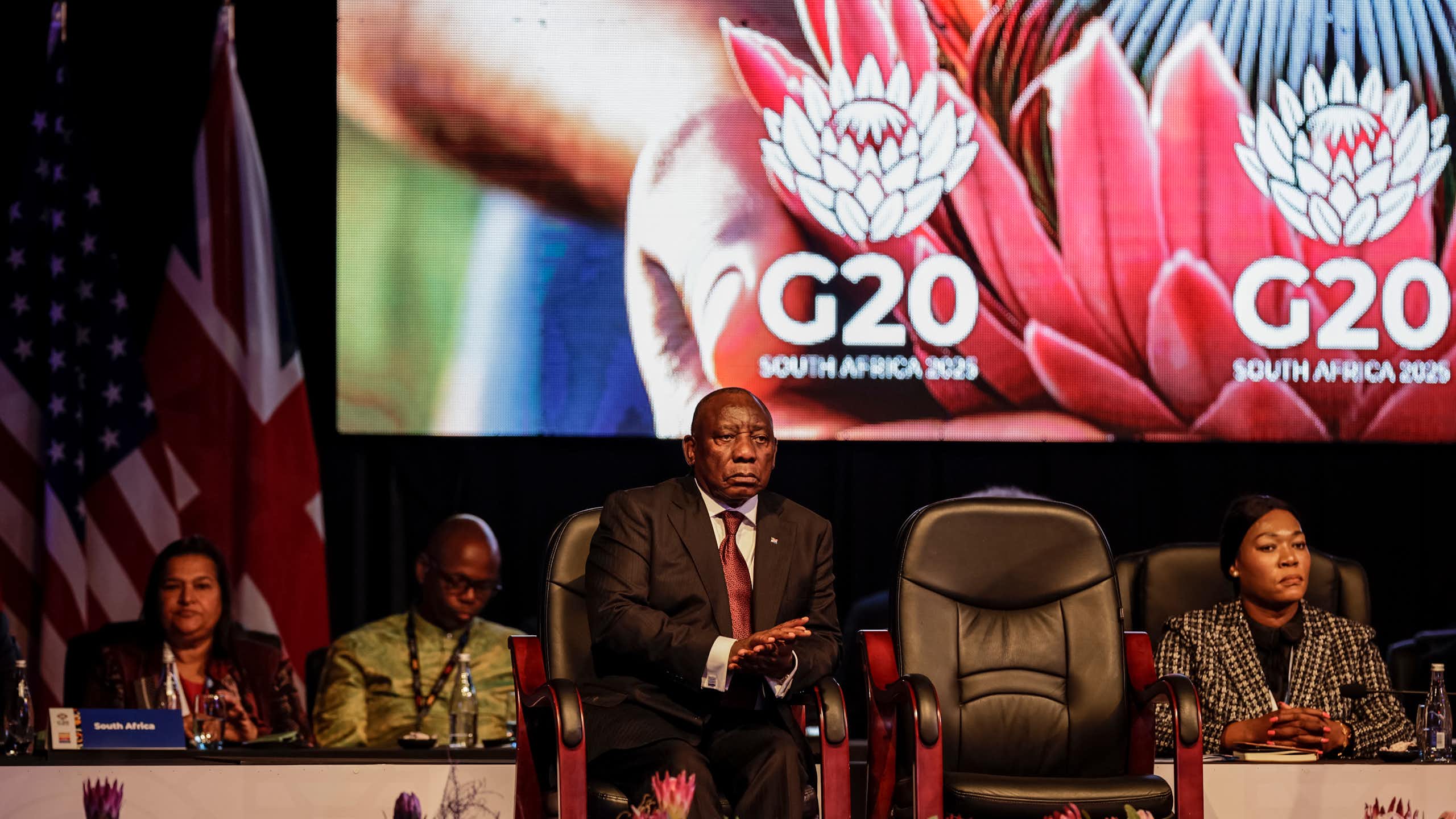 South African President Cyril Ramaphosa at the G20 Foreign Minister Meeting at the Nasrec Expo Centre in Johannesburg on February 20, 2025.