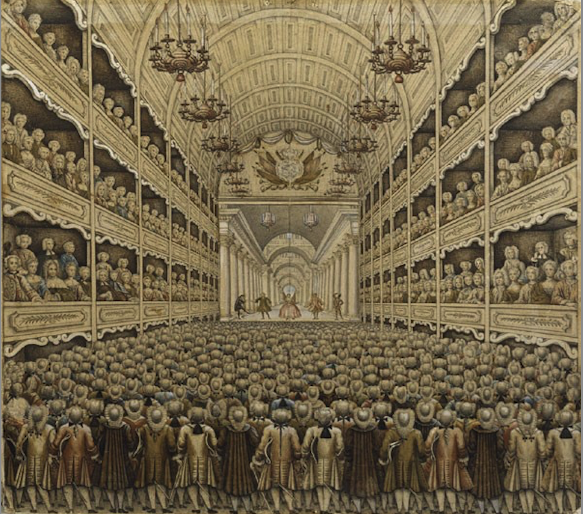 Intérieur de salle de théâtre et public au XVIIIe siècle
