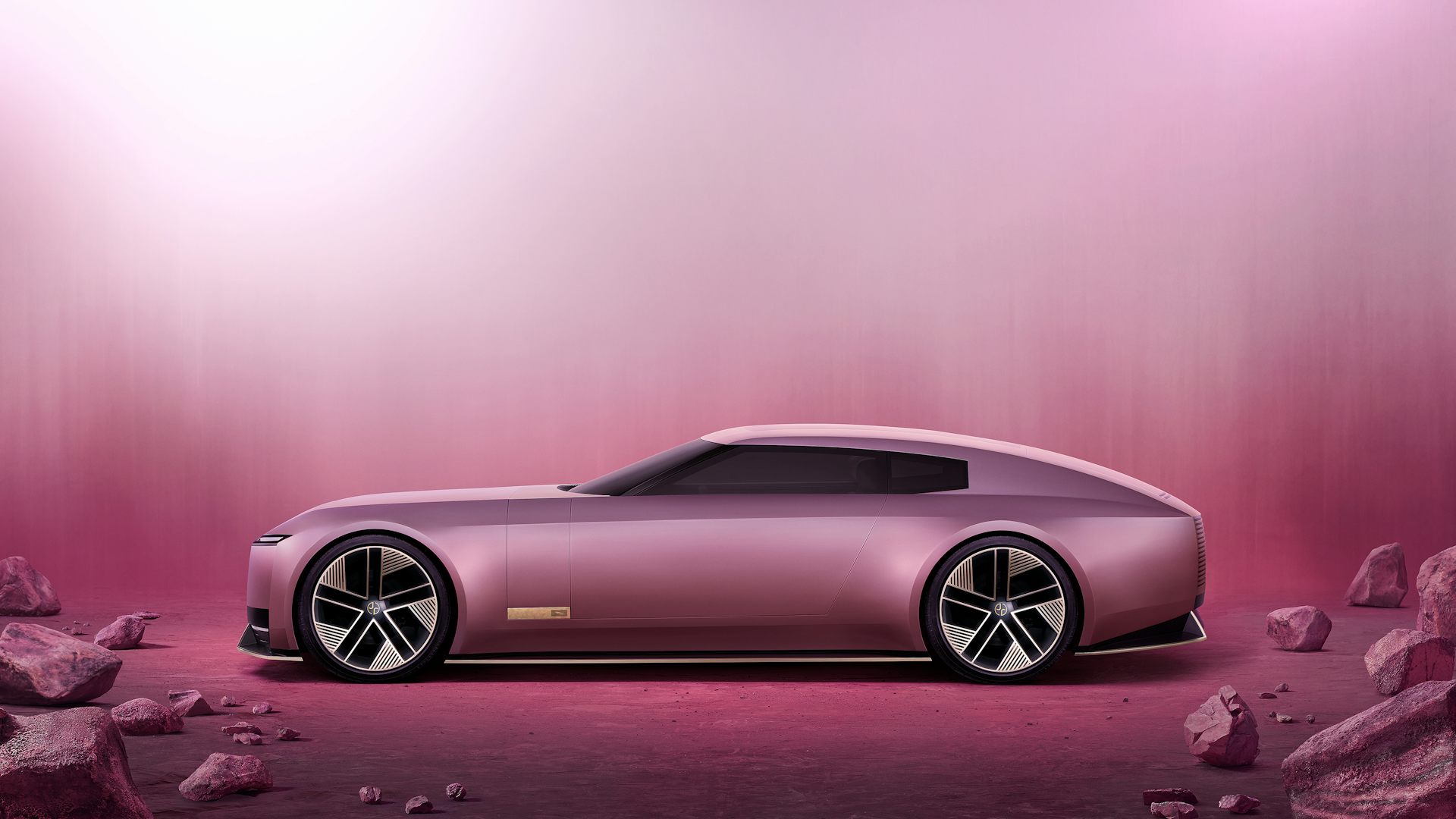 A sleek pink art deco looking Jaguar.