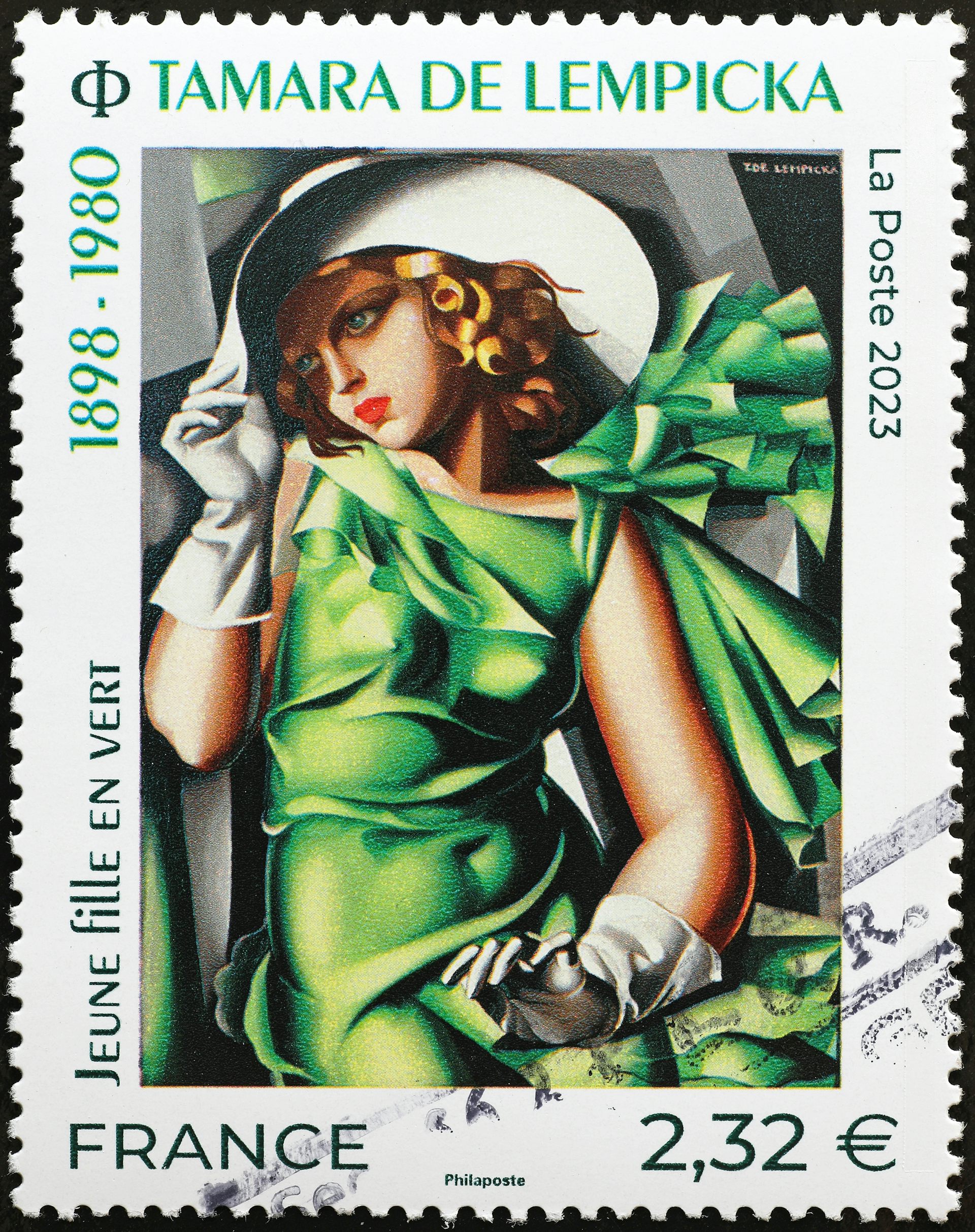 A stamp showing a cubist/art deco style painting of a young woman in a green dress.