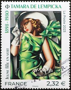 Artwork deco at 100: why the graceful design aesthetic of the ‘machine age’ endures 1 A stamp showing a cubist/art deco style painting of a young woman in a green dress.