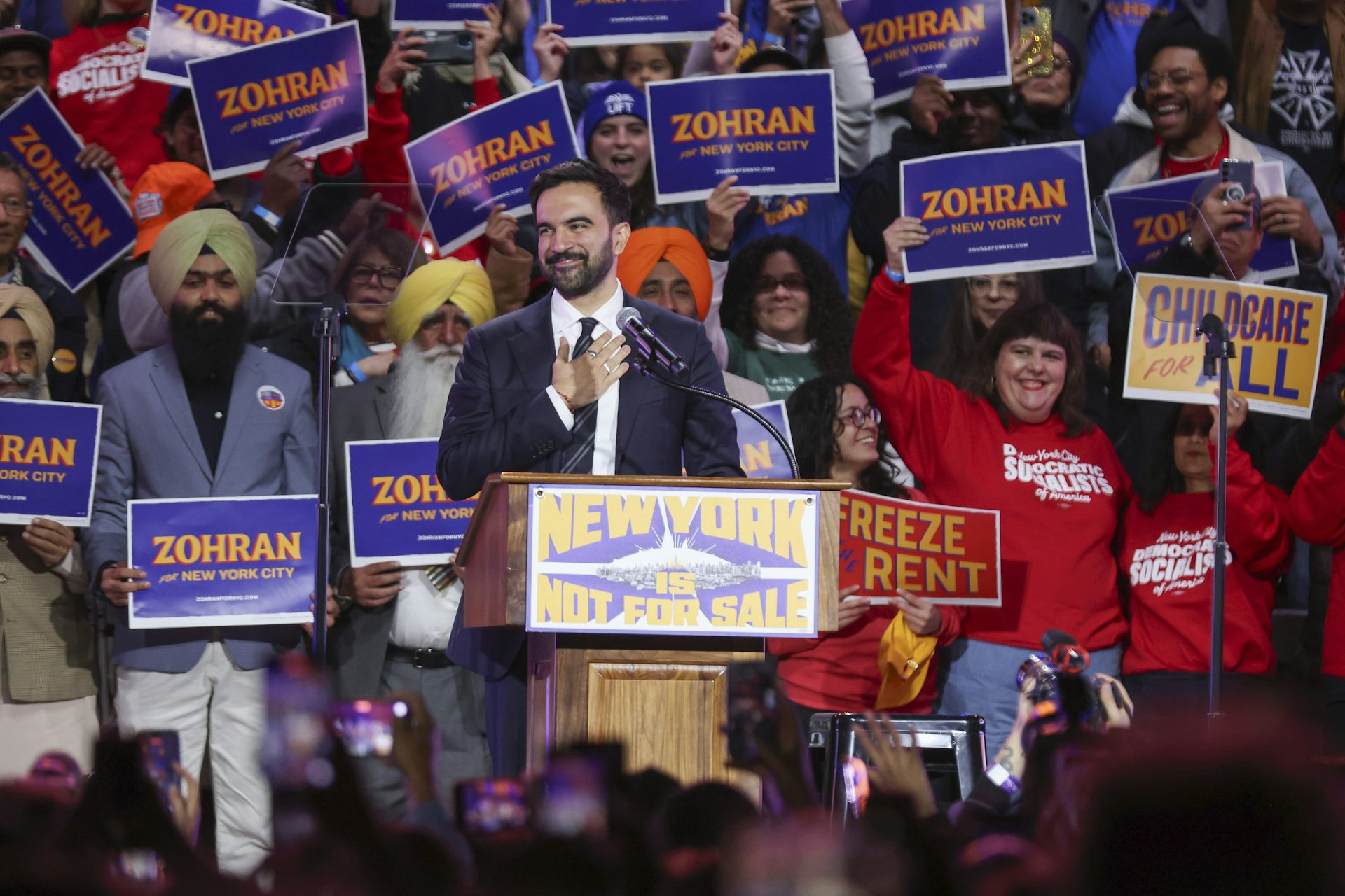Zohran Mamdani speaks during a rally.
