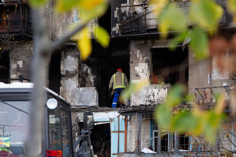 The aftermath of another Russian drone bombardment in Kyiv, Octobver 2025.