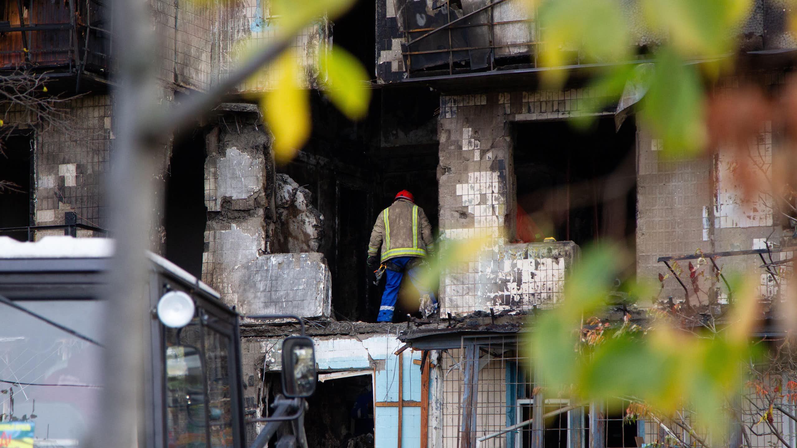 The aftermath of another Russian drone bombardment in Kyiv, Octobver 2025.