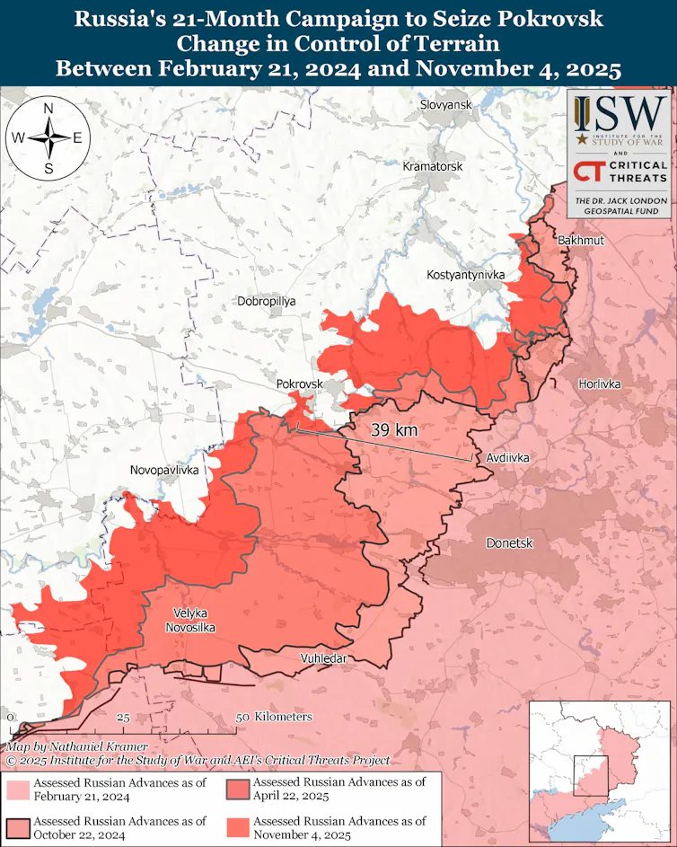 ISW map showing the state of the conflict in Pokrovsk, Ukraine, NOvember 4 2025.