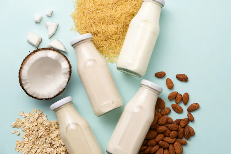 flat lay on blue background with four bottles of white liquid and nuts/grains