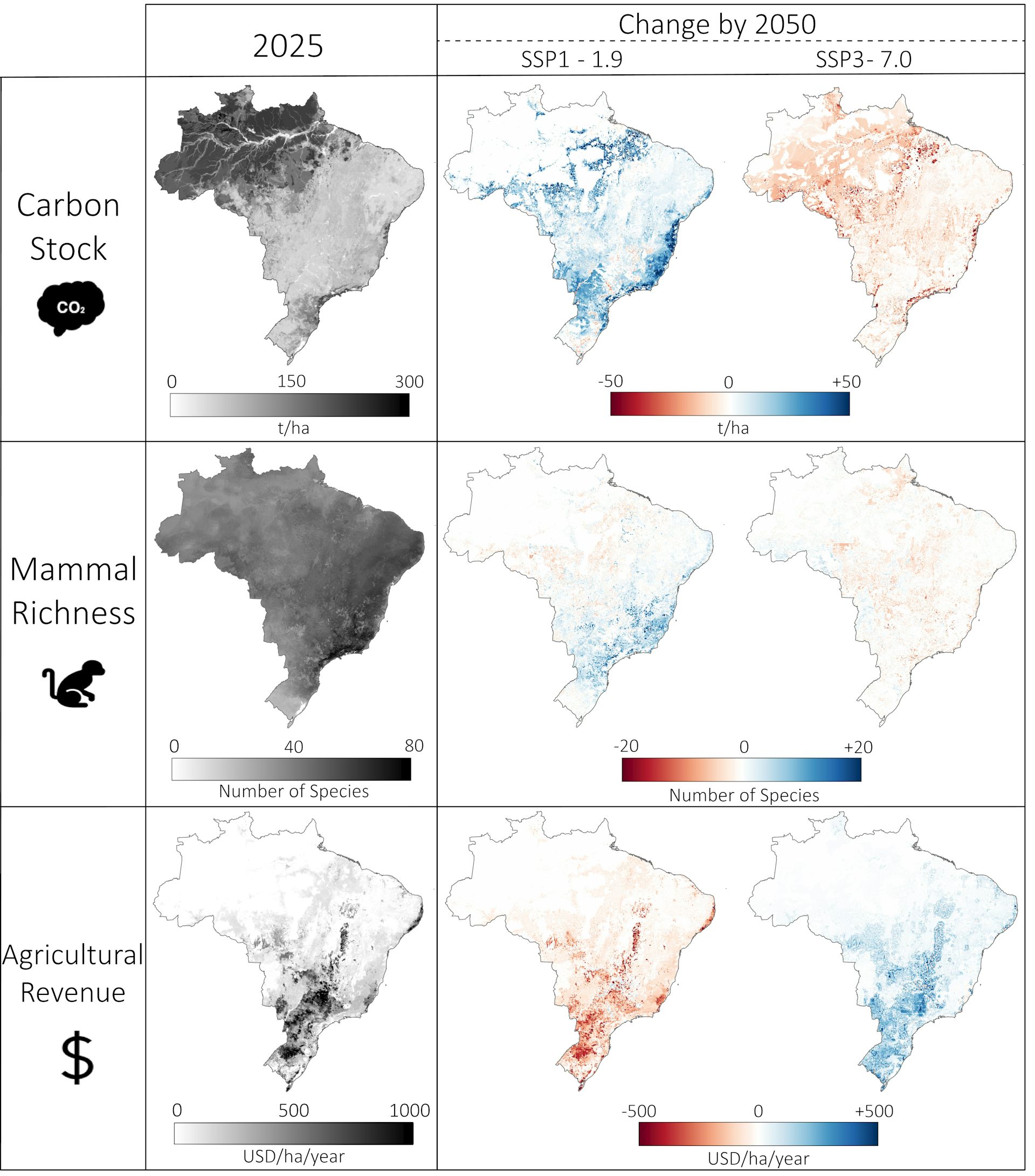Graph showing the effects of land use change in Brazil on carbon stocks, mammal richness and agricultural income under two scenarios.