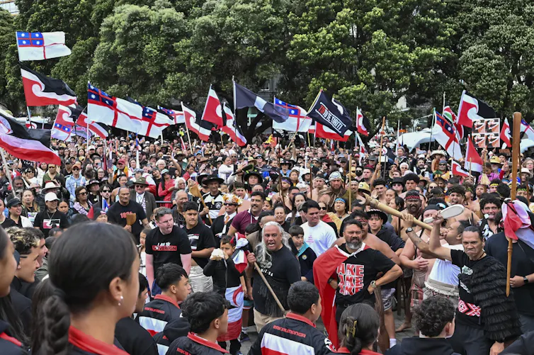 Crowds of people at a protest waving red, white and black flags.
