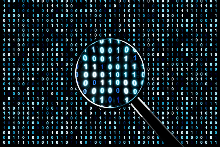 Illustration of magnifying glass against a backdrop of 1s and 0s