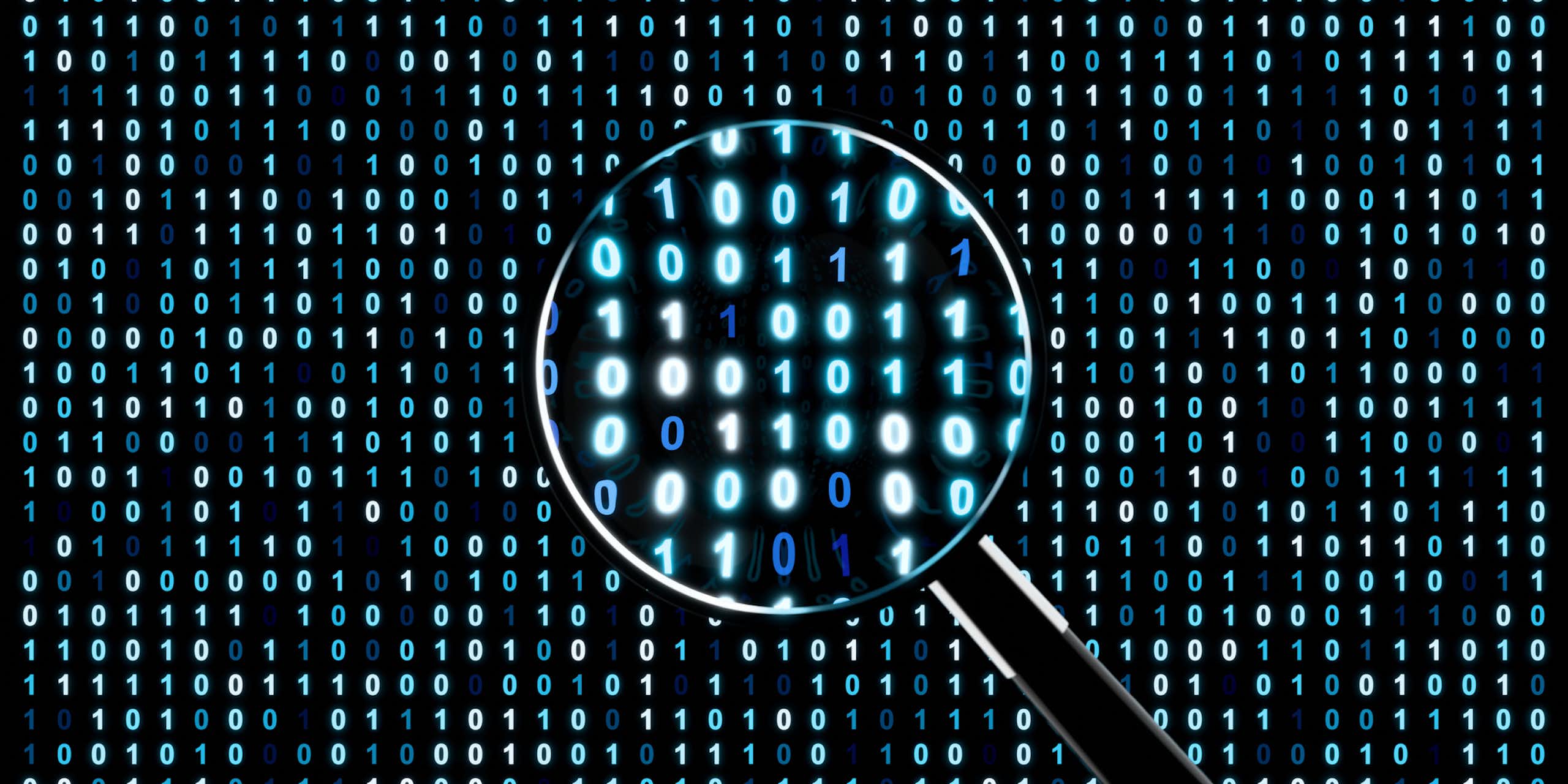 Illustration of magnifying glass against a backdrop of 1s and 0s