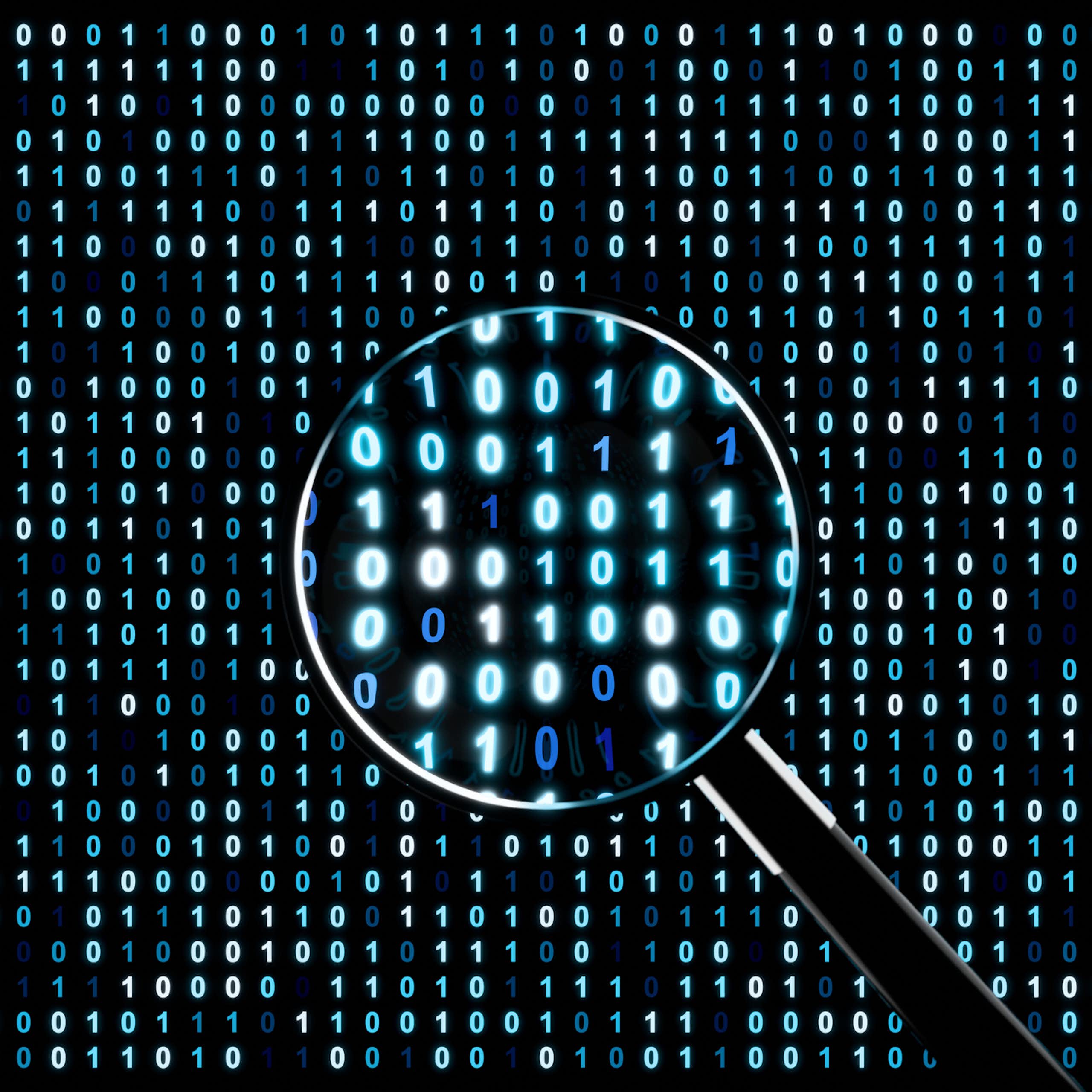Illustration of magnifying glass against a backdrop of 1s and 0s