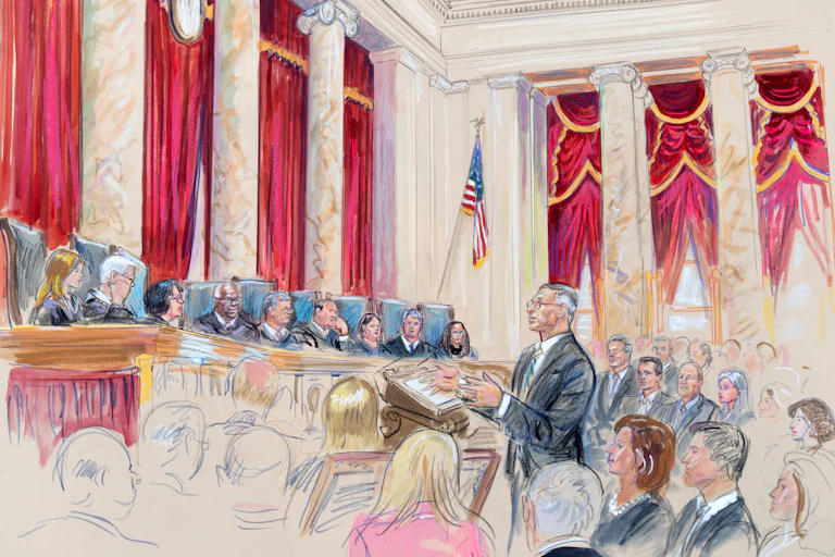 A courtroom sketch depicts attorney Neal Katyal, centre, arguing before the US Supreme Court on Nov. 5.