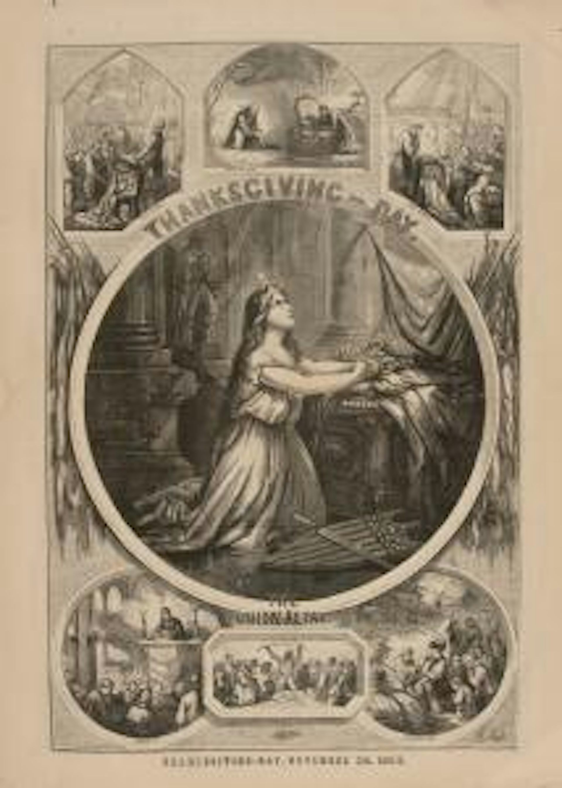 Several small black-and-white illustrations around a larger one of a woman with long hair and a star headdress kneeling in prayer.