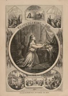 How the Plymouth Pilgrims took over Thanksgiving – and who historical past left at the back of 2 Several small black-and-white illustrations around a larger one of a woman with long hair and a star headdress kneeling in prayer.