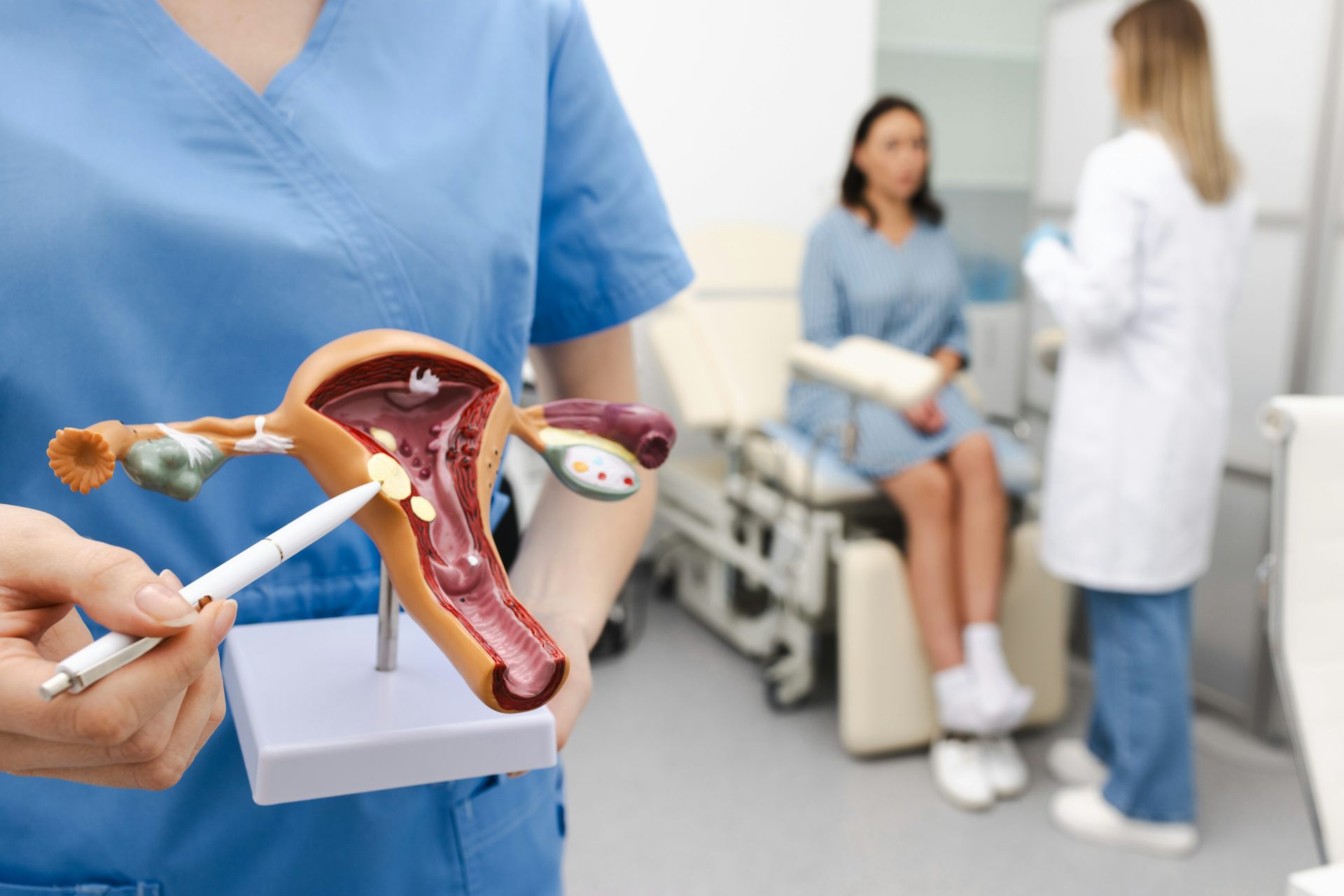 La enfermera indica la presencia de miomas en un modelo anatómico del aparato reproductor femenino.