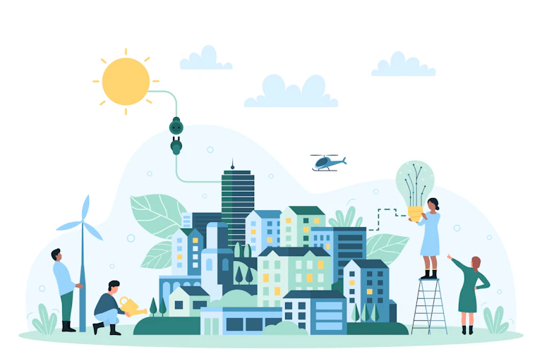 graphic showing blue green city buildings and people on ladders adding renewable energy sources, people planting trees
