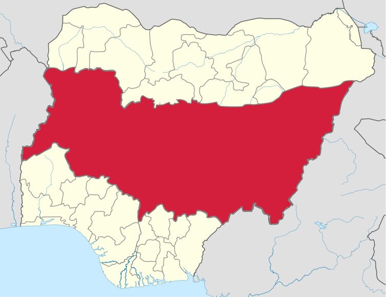 A map showing Nigeria's Middle Belt, region stretching across the centre of the country.