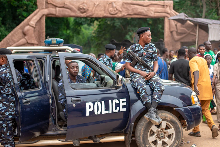Nigerian police standing guard in Osun, south-western Nigeria.
