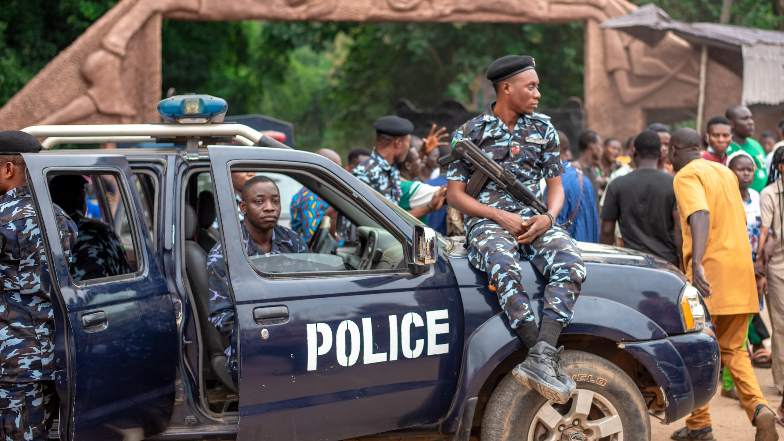 Nigerian police standing guard in Osun, south-western Nigeria.