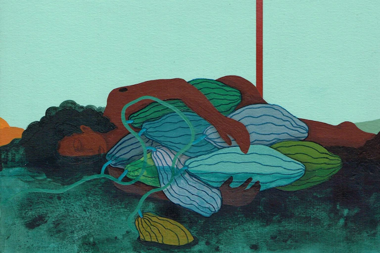 Painting of a woman lying down clutching what looks like squashes of assorted colours