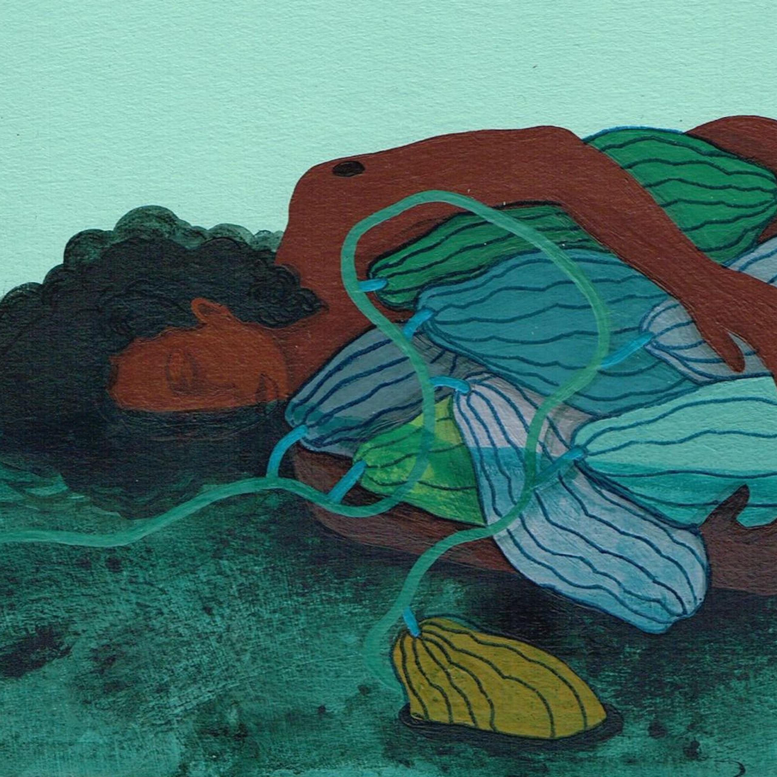 Painting of a woman lying down clutching what looks like squashes of assorted colours