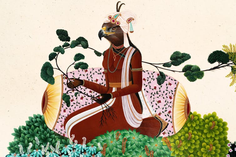 The Land Sings Again: a fantastic exhibition of drawings impressed through ecofeminism 1 Painting of an eagle god sat crossed legged