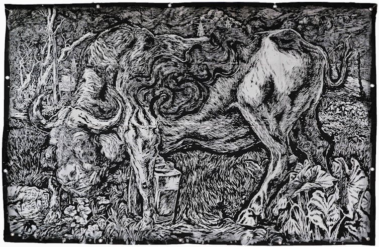 The Land Sings Again: a fantastic exhibition of drawings impressed through ecofeminism 2 Detailed drawing of a bull