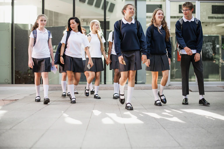 School pupils in uniform outside school