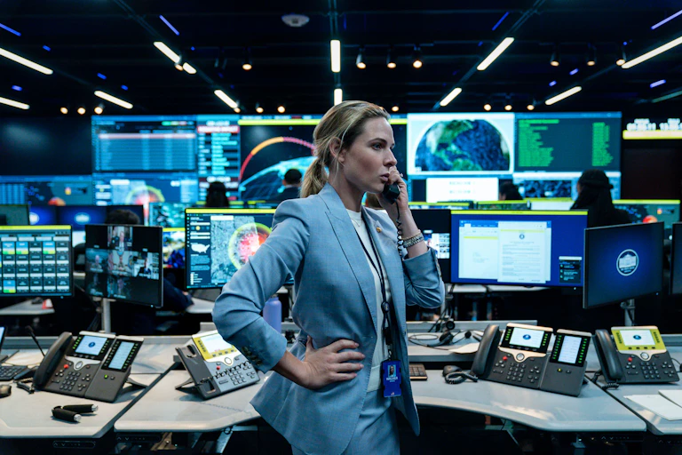Still image from House of Dynamite showing staff reacting to a nuclear crisis.