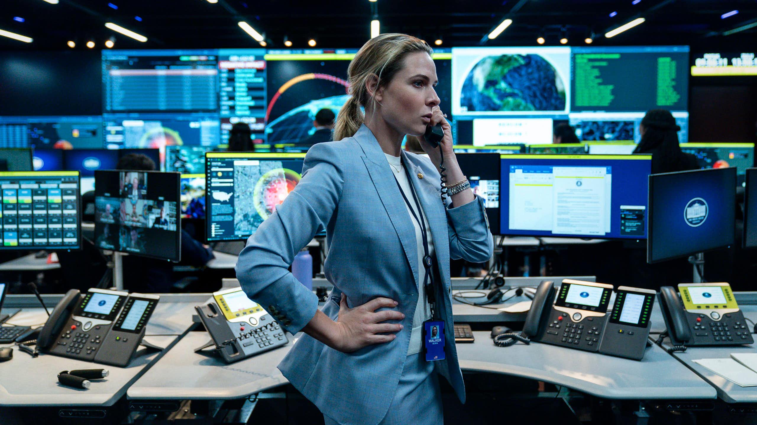 Still image from House of Dynamite showing staff reacting to a nuclear crisis.