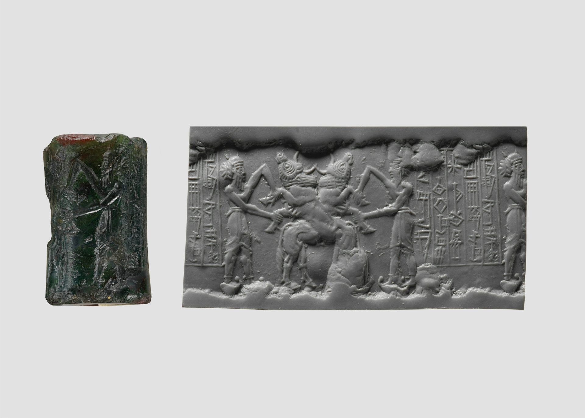 Selo cilíndrico com figuras lutando contra criaturas, com uma digitalização das figuras inscritas em sua superfície à direita.