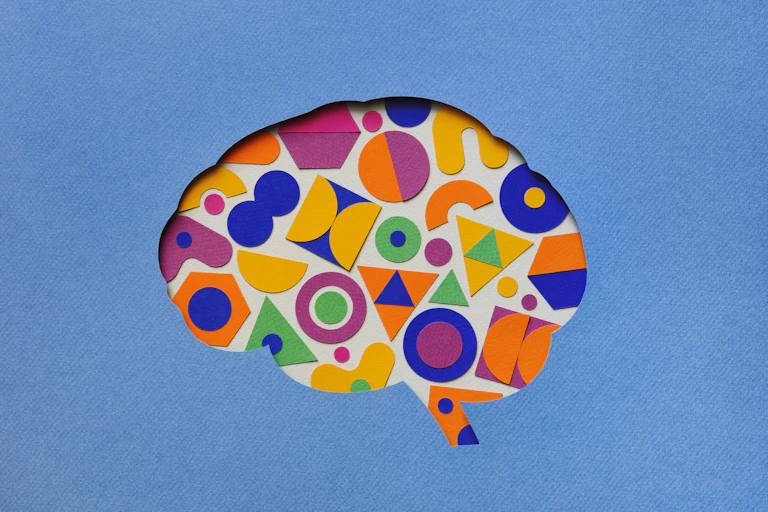 A paper illustration of a brain filled with multi-coloured geometric shapes.
