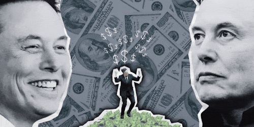 Elon Musk dancing on a mountain of money