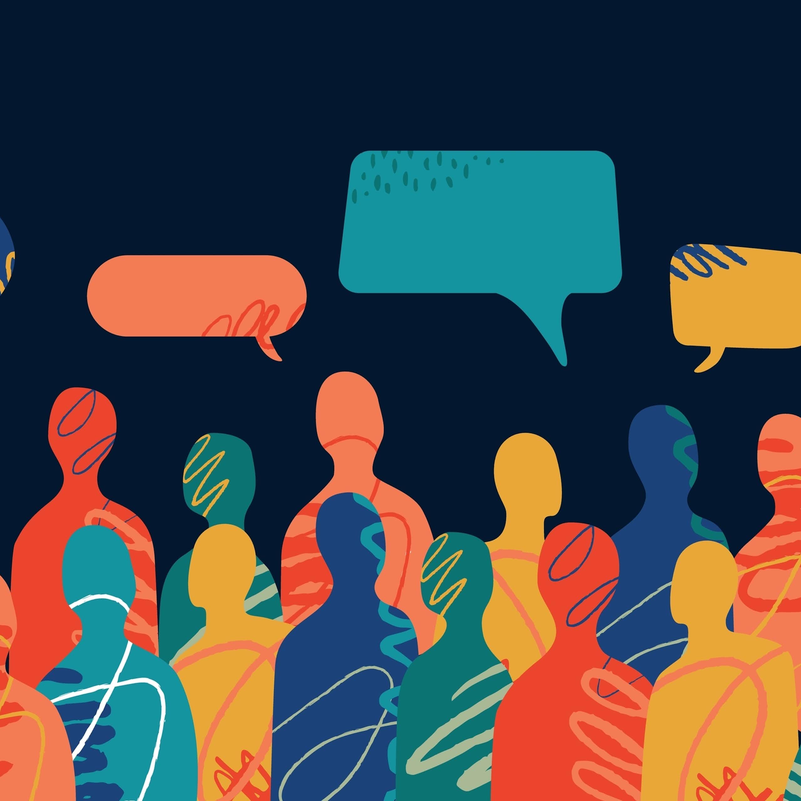 Foule de silhouettes abstraites en train de discuter.