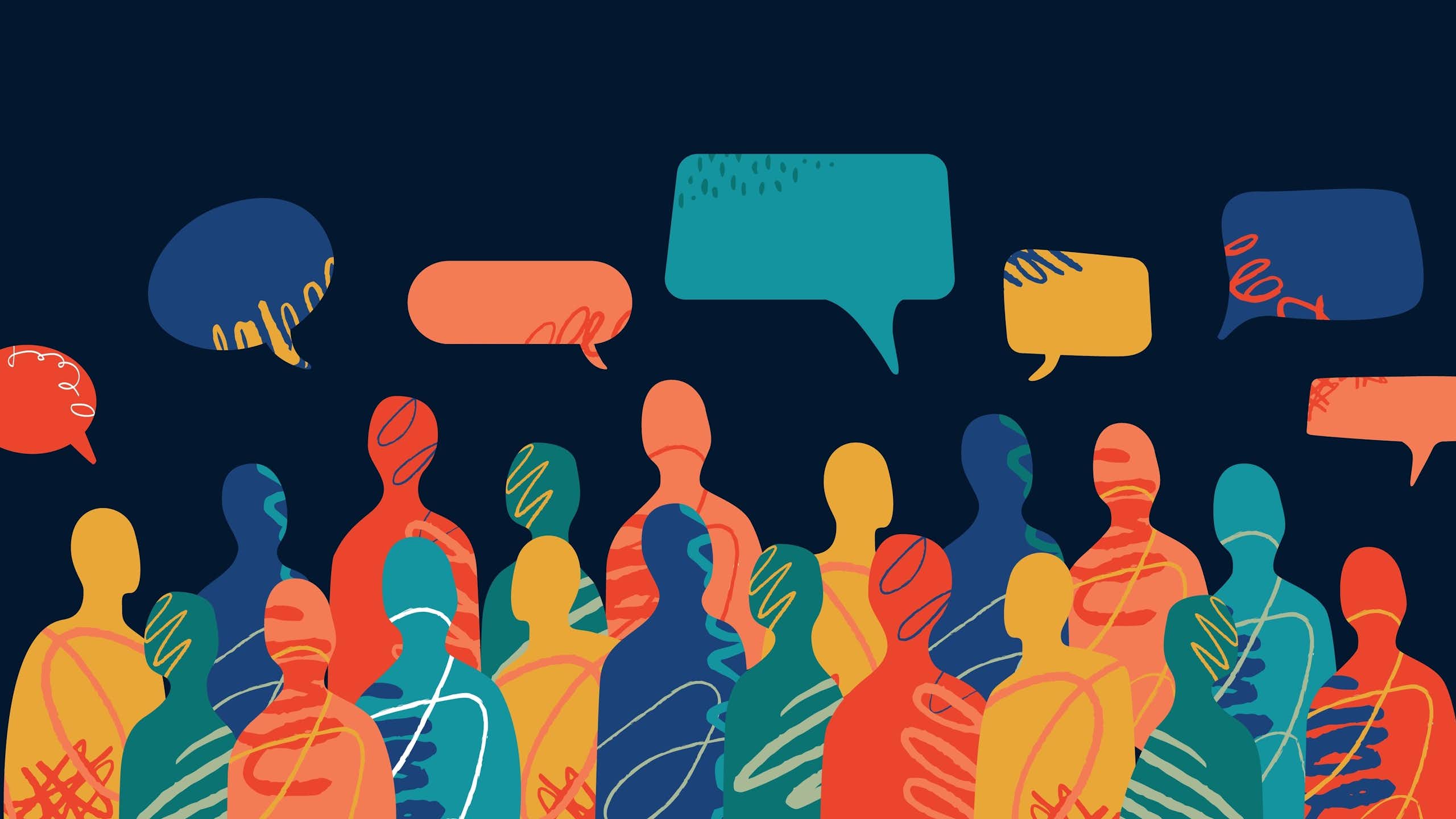 Foule de silhouettes abstraites en train de discuter.