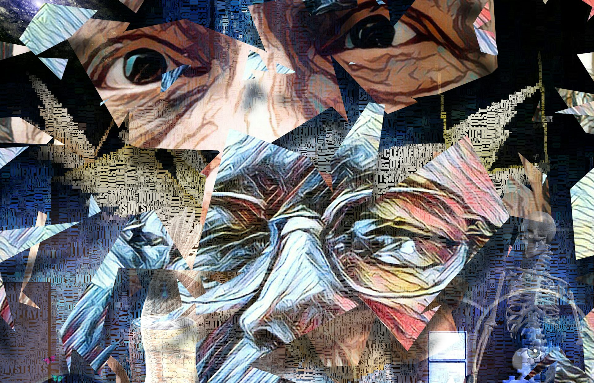 A collage of eyes and words.