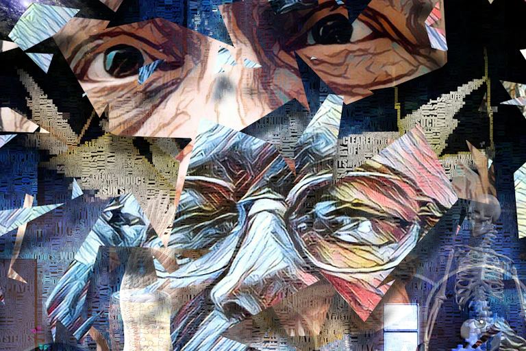 A collage of eyes and words.