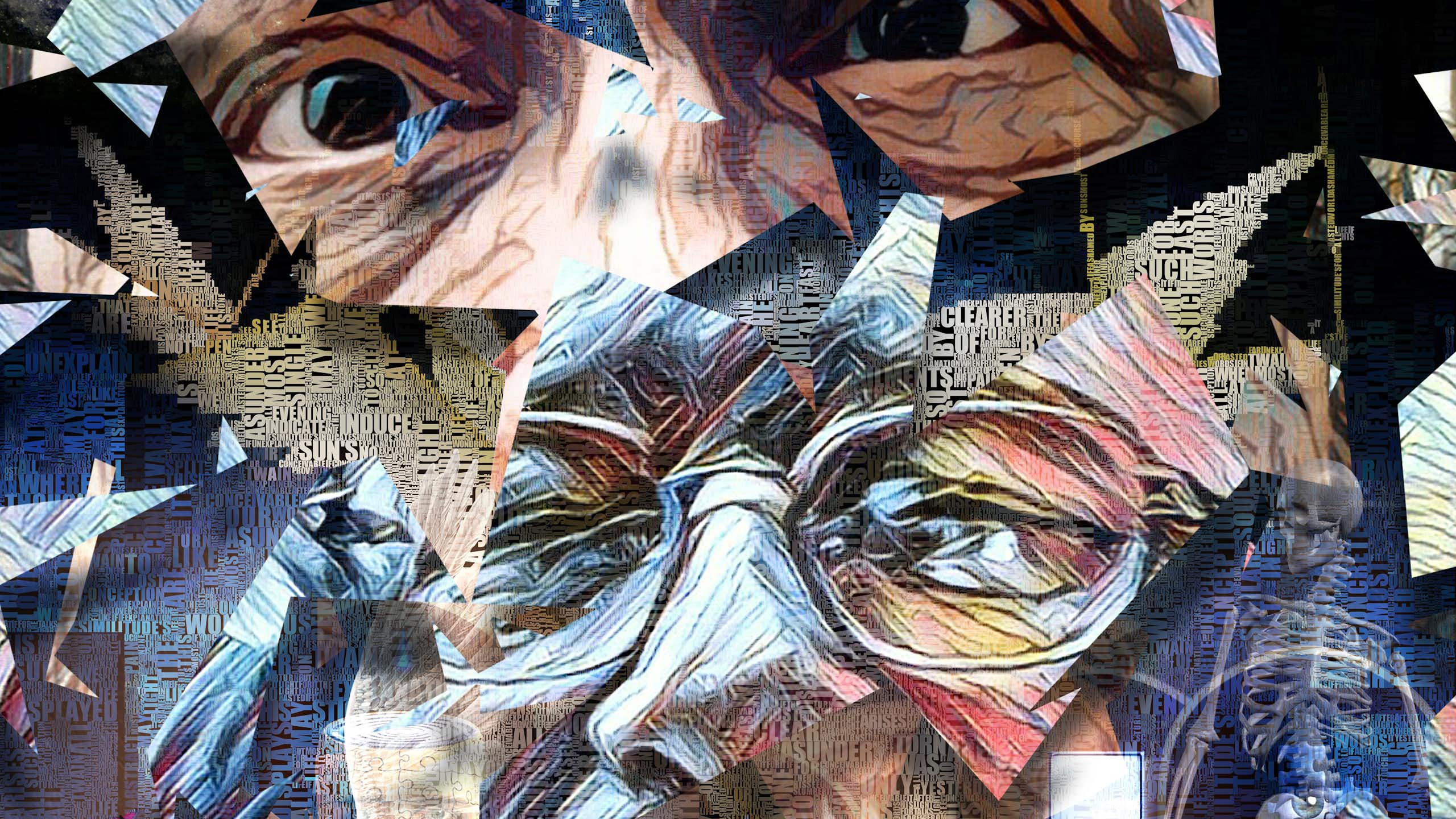 A collage of eyes and words.