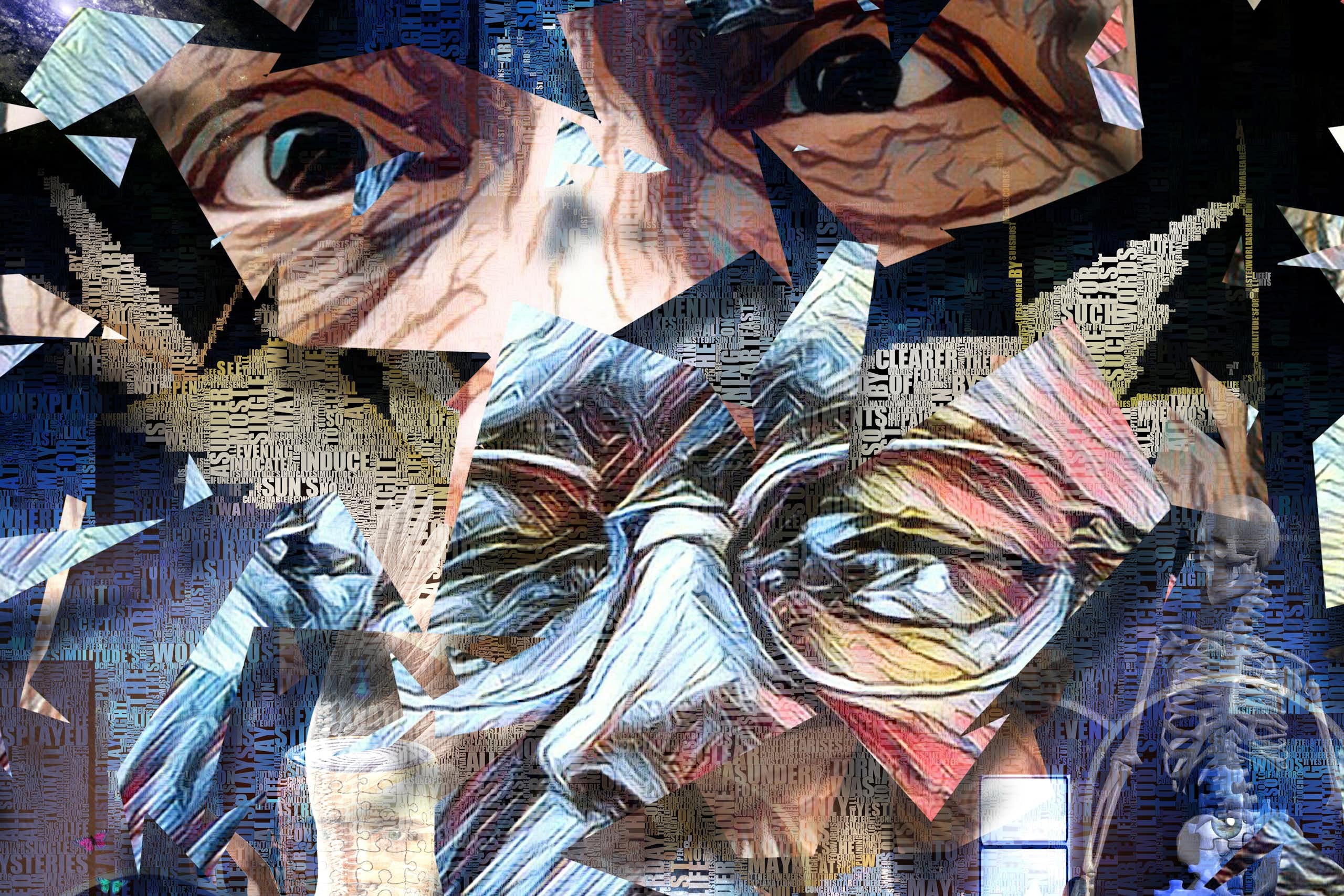 A collage of eyes and words.